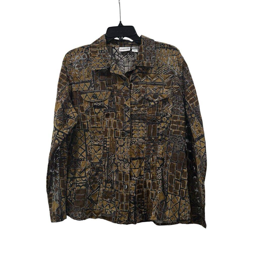 Chico’s Vintage Sheer Abstract Button Front Top Size 2 US L